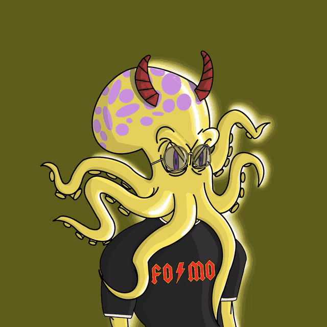 a cartoon drawing of an octopus with horns wearing a black shirt that says fosmo