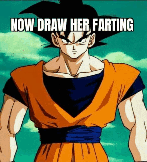 goku from dragon ball z is standing in front of a blue sky with the words `` now draw her farting '' written on it .