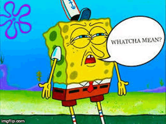 a cartoon of spongebob squarepants with a speech bubble saying whatcha mean .