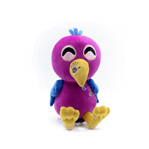 a purple stuffed animal with a yellow beak and blue wings