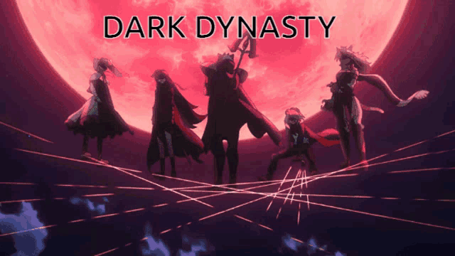 a poster for dark dynasty shows a group of people standing in front of a red moon