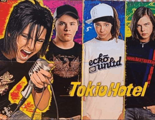 a poster of a band called tokio hotel with a man singing into a microphone