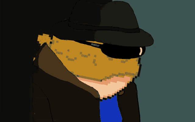 a pixel art drawing of a man wearing a fedora and sunglasses with the word badmouth written on them