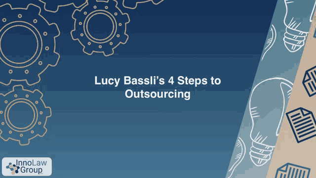 a blue background with lucy bassli 's 4 steps to outsourcing written on it