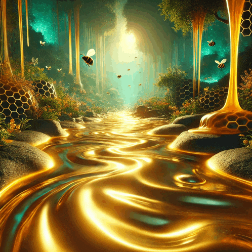 a painting of bees flying over a river of honey