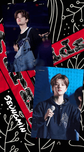 a collage of photos of a young man with the name seungmin at the bottom