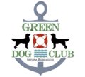 the logo for the green dog club has an anchor and two dogs on it .