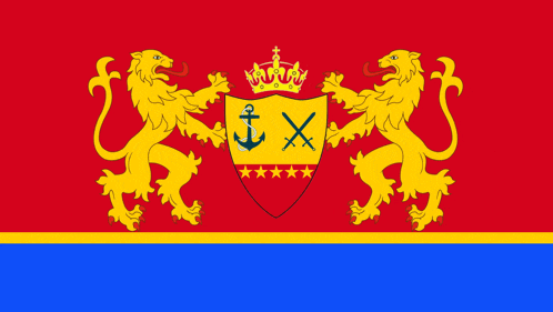 a red and blue flag with a coat of arms with two lions and a crown