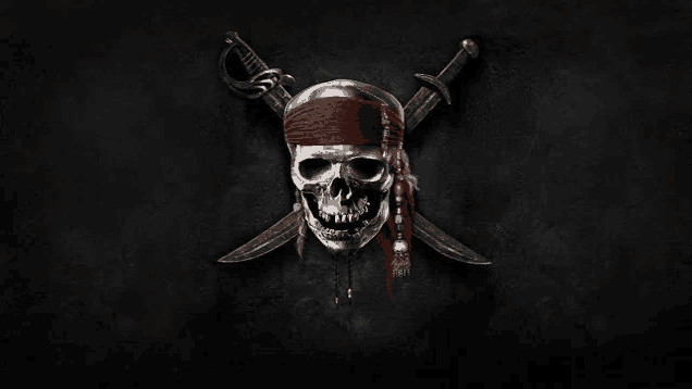 a pirate skull with two crossed swords and a red bandana on a black background .