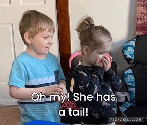 a boy and a girl are standing next to each other and the girl says oh my she has a tail ..