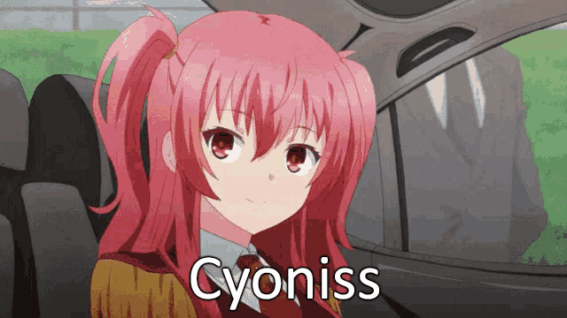 a pink haired anime girl with the word cyoniss written on her face