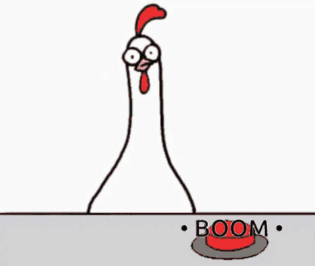 a chicken is standing next to a boom button .