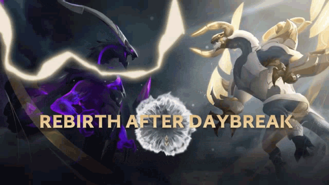 an advertisement for rebirth after daybreak shows a purple and white monster