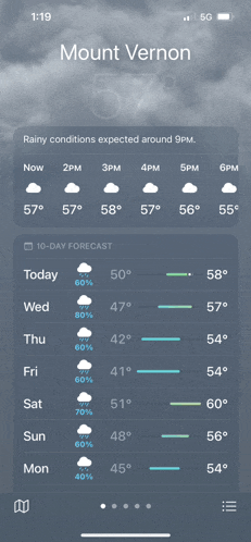 the weather forecast for mount vernon is shown on a cell phone