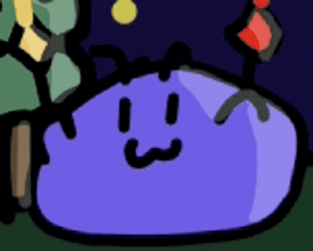 a purple cartoon character with a smiley face