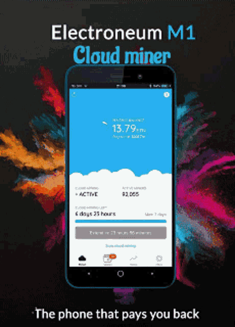 an electronicum m1 cloud miner app is displayed on a cell phone