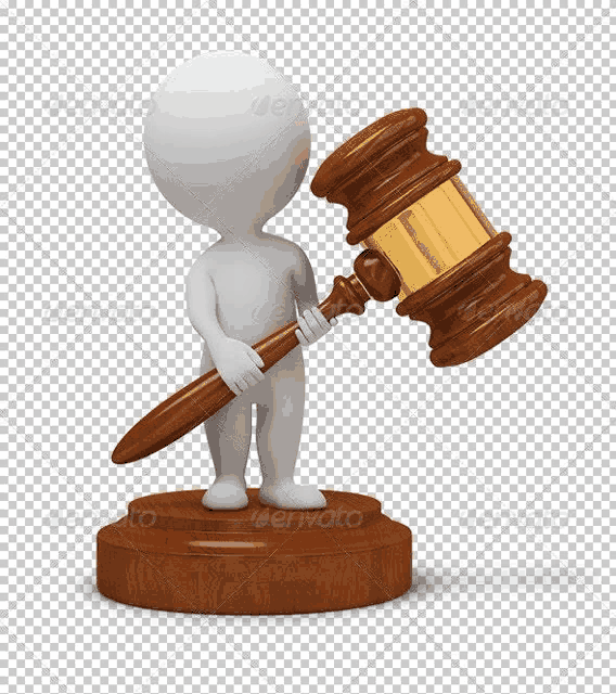 a 3d man holding a wooden judge 's gavel on a transparent background