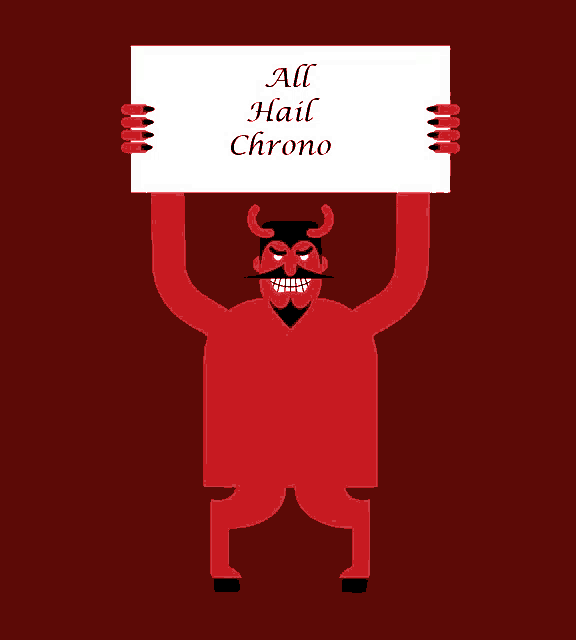 an illustration of a devil holding a sign that says all hail chrono