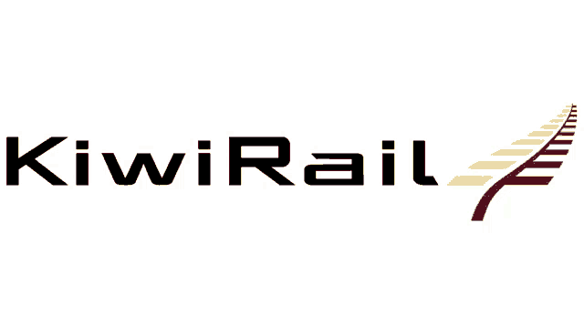 a logo for kiwi rail with a red and yellow arrow