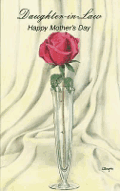 a mother 's day card with a single red rose in a clear vase