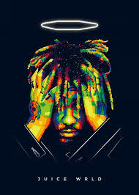 a painting of juice wrld with a halo on his head .