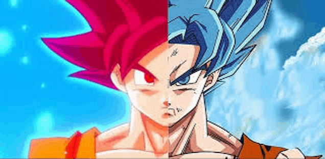 a close up of a red and blue dragon ball z character standing next to each other .