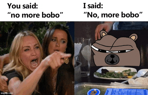 a meme shows two women pointing at a cartoon bear and says you said no more bobo and i said no more bobo