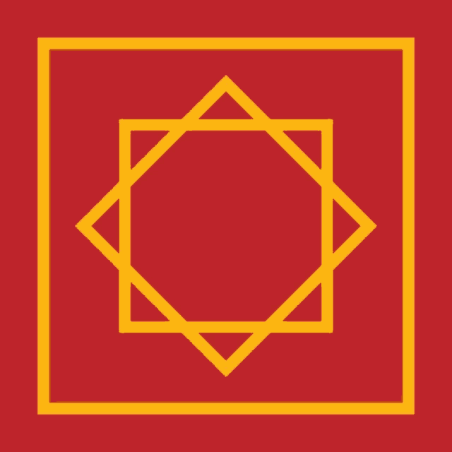 a red background with a yellow square and triangles