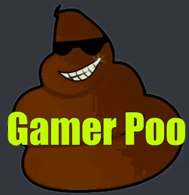 a cartoon drawing of a poop wearing sunglasses with gamer poo written below it