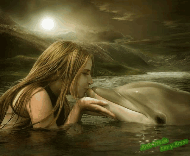 a painting of a woman kissing a dolphin with arco iris de luz y amor