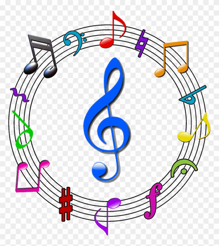 a blue treble clef is in the center of a circle of colorful music notes