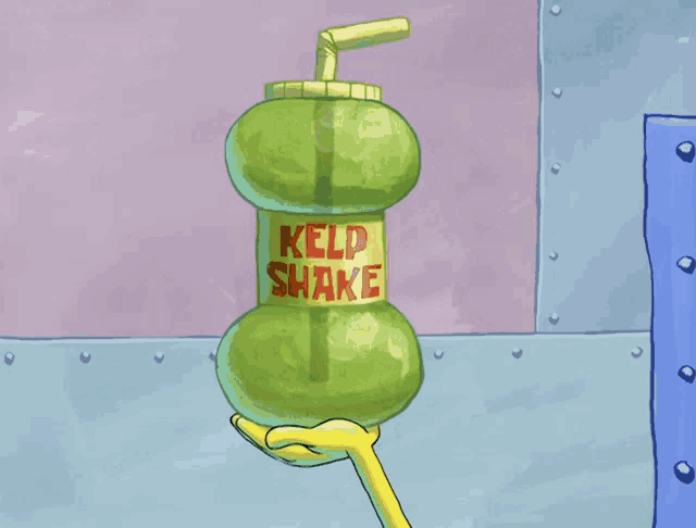 a cartoon character is holding a bottle of kelp shake with a straw