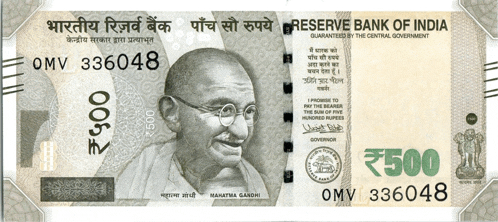 a 500 rupee bill from the reserve bank of india with gandhi on it