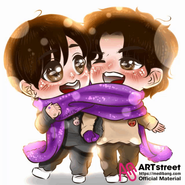 a drawing of two boys with a purple scarf and the words artstreet on the bottom right