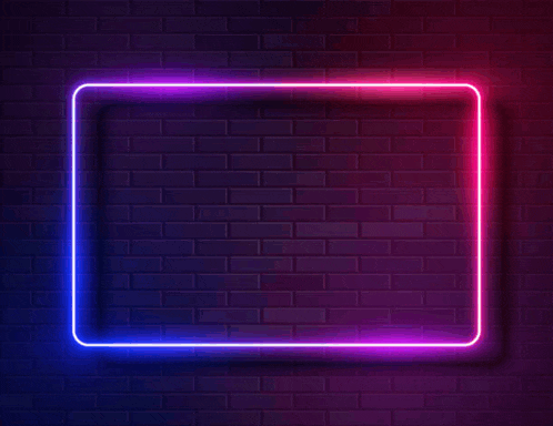 a neon frame on a dark brick wall