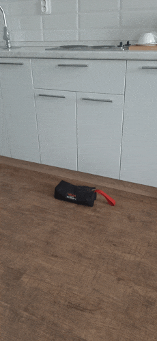 a black bag with a red handle sits on a wooden floor in a kitchen