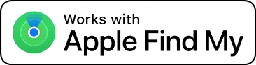 a logo that says `` works with apple find my '' on a white background .