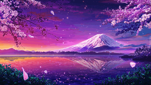 a painting of a lake with a mountain in the background and cherry blossom trees in the foreground