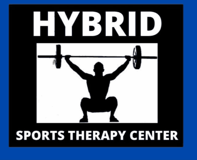 a logo for hybrid sports therapy center shows a man squatting and lifting a barbell