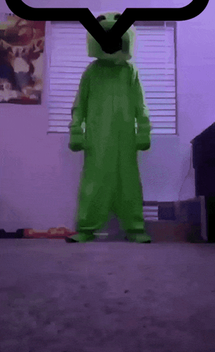 a person in a green monster costume is standing in front of a window