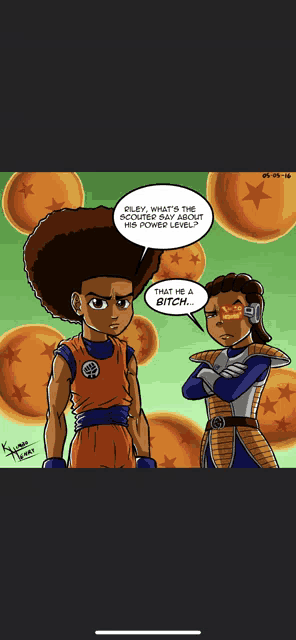 a cartoon of a man in a dragon ball outfit talking to a woman