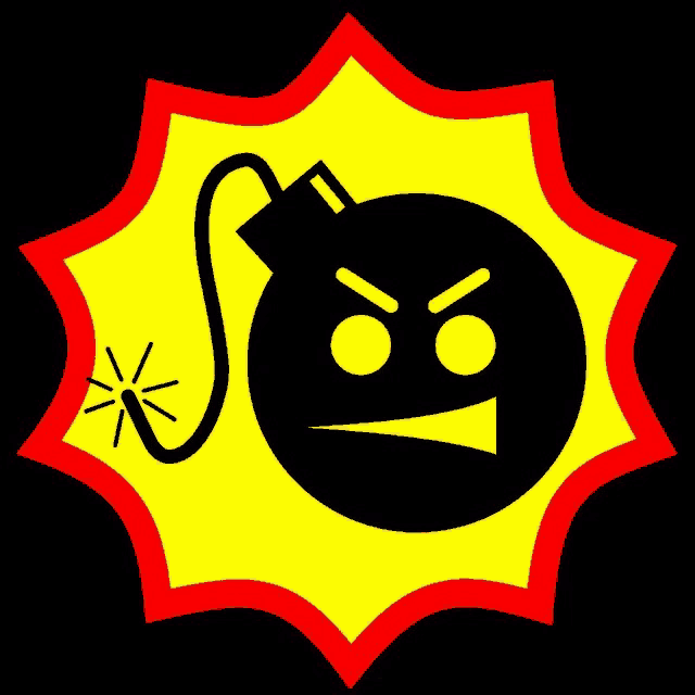 a black bomb with an angry face is in a yellow and red star .