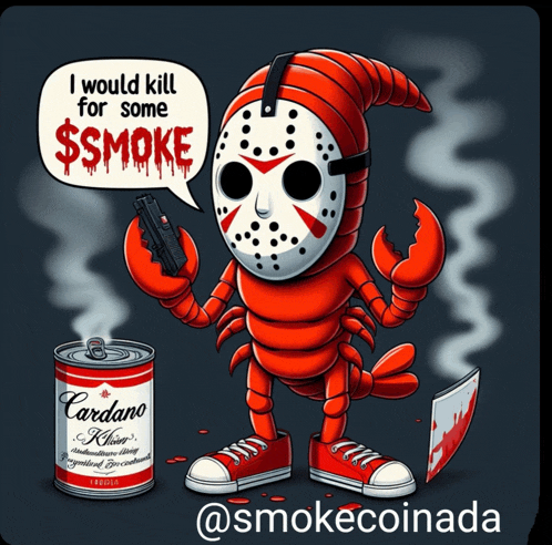 a cartoon of a lobster wearing a jason voorhees mask and holding a gun next to a can of cardano soup