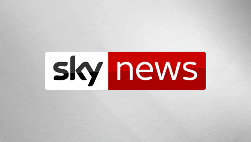 a red and white logo for sky news on a gray background