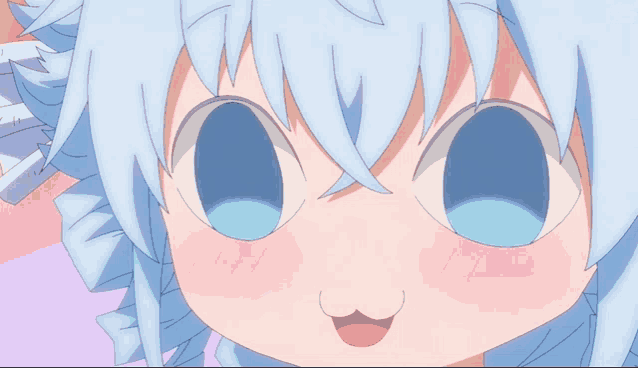 a close up of a blue haired anime character with big eyes