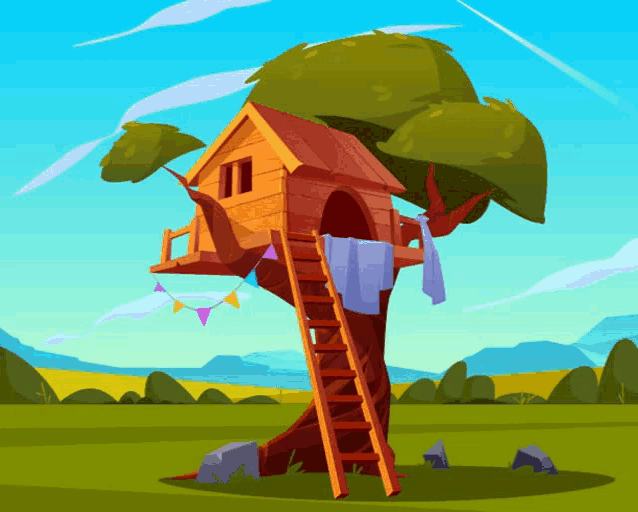 an illustration of a tree house with a ladder