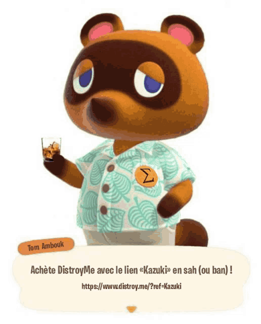 tom ambouk from animal crossing is holding a glass