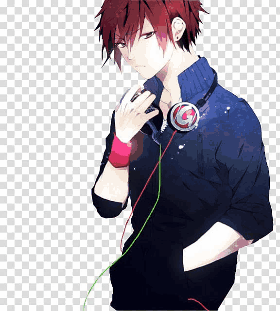 a boy with red hair is wearing headphones with a g on them