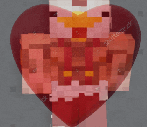 a pixel art of a chicken in a heart shaped costume