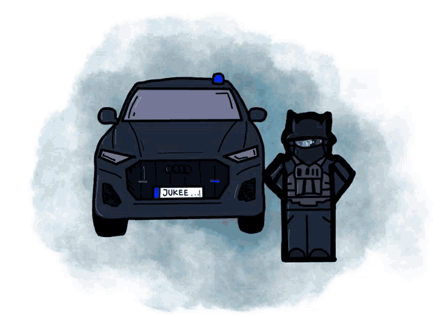 a cartoon drawing of a police officer and a car with the license plate jukee